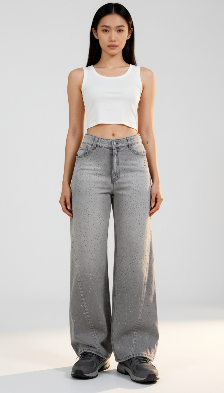 WIDE LEG SILVER SHINE LV-2828 gris claro brillos