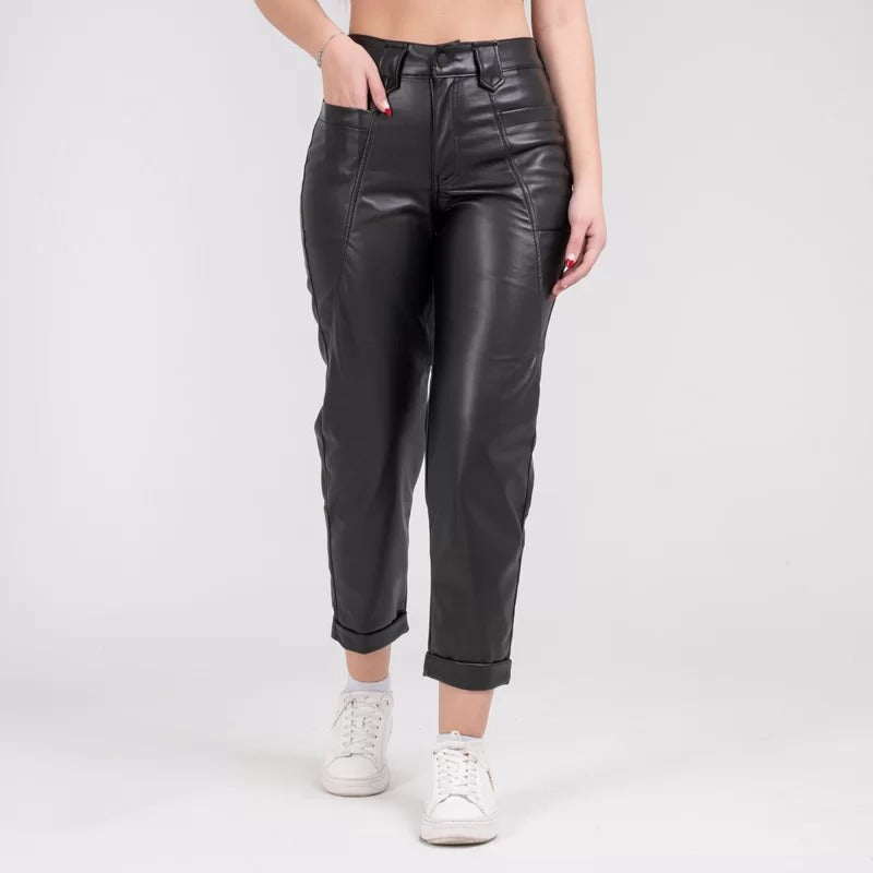 Jean Mom Fit Efecto Cuero lv-2393 Negro